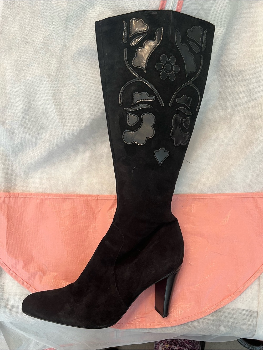 ANTONIO MELANI Black Suede Knee-High Heeled Boots with Floral Cutout Detail